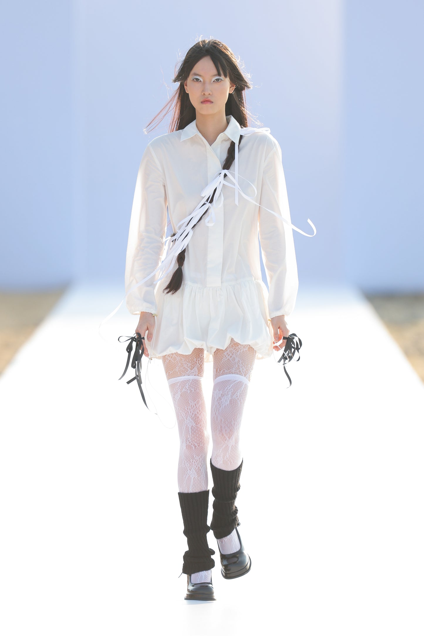WHITE ORGANIC COTTON BUBBLE HEM SHIRT DRESS