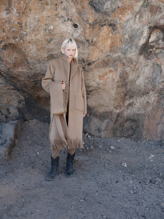 Wool Fringe Scarf Coat