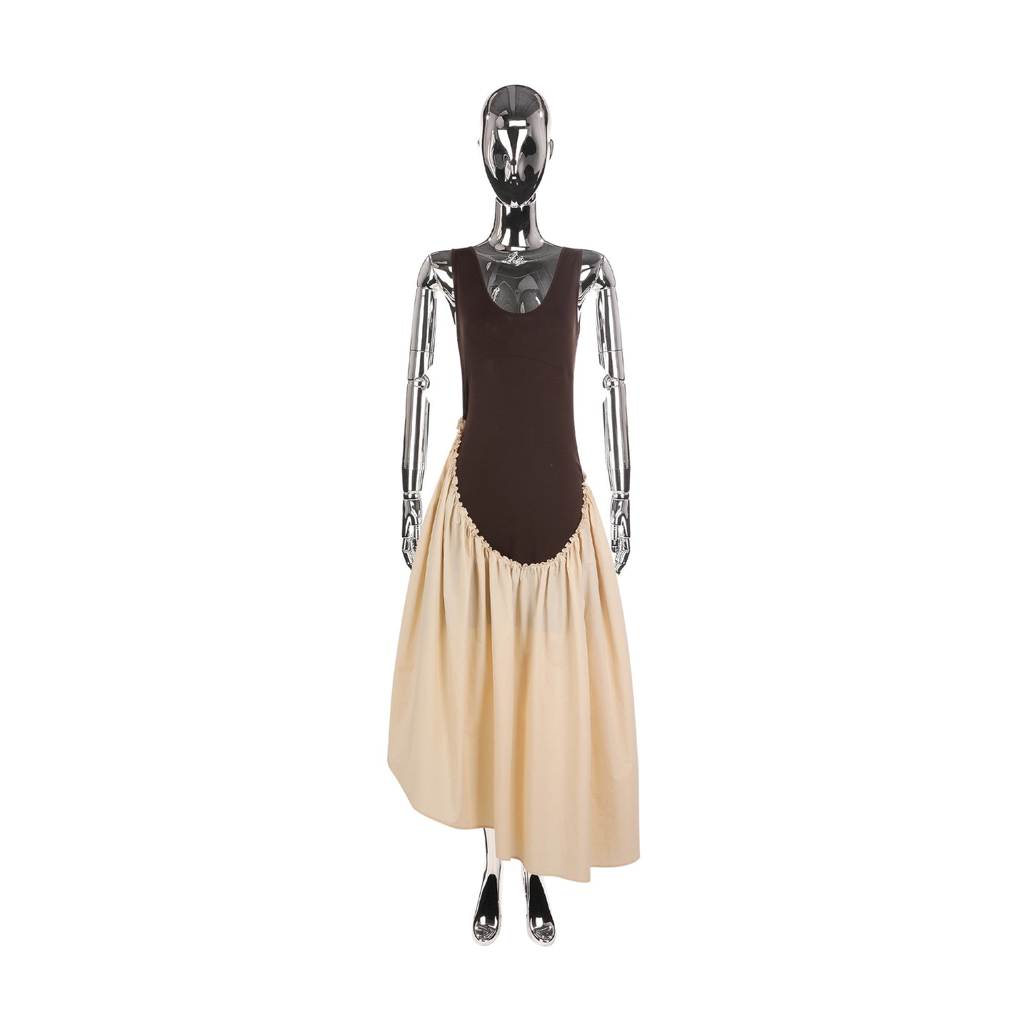 CONTRAST BROWN DROP WAIST POPLIN/JERSEY DRESS