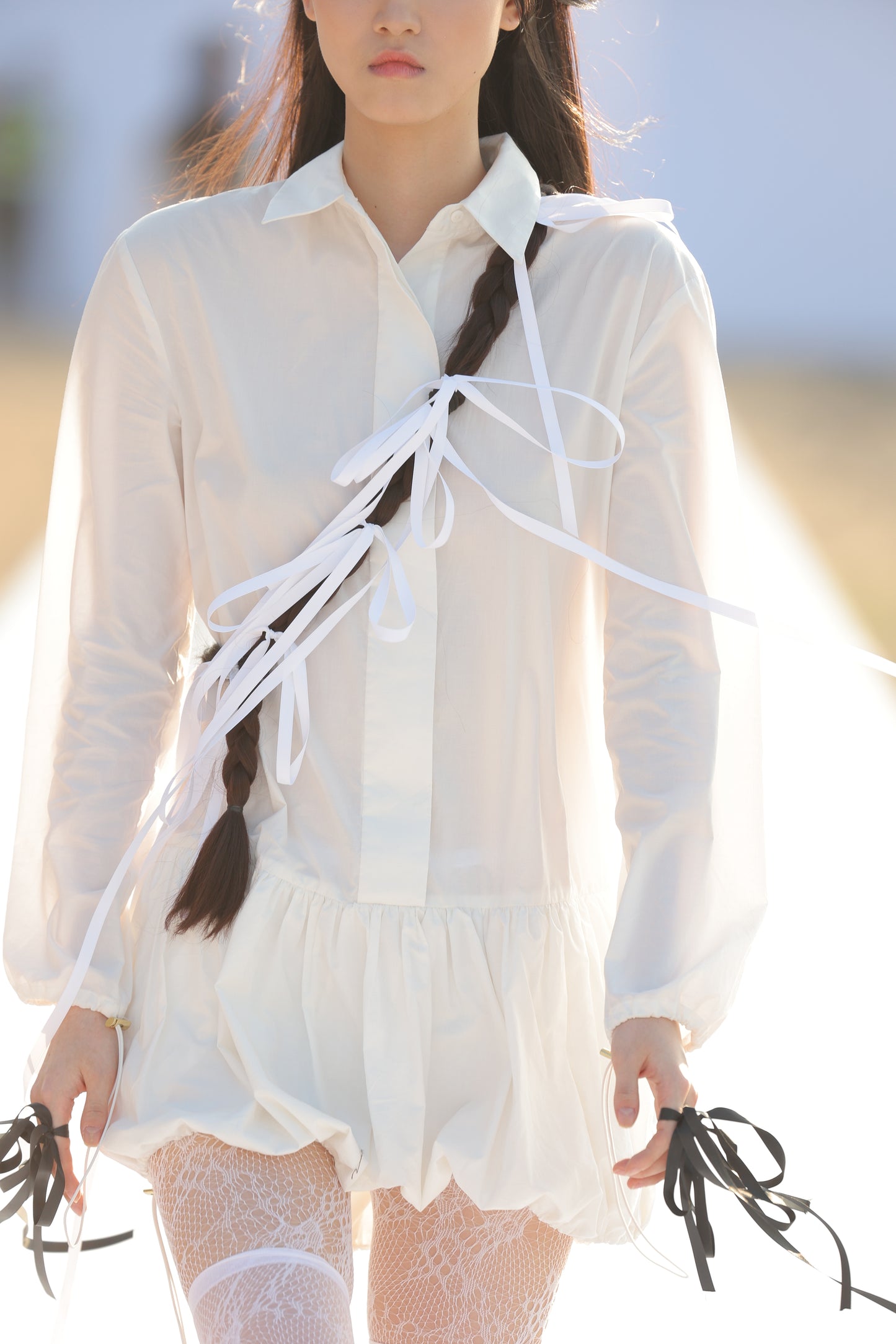 WHITE ORGANIC COTTON BUBBLE HEM SHIRT DRESS