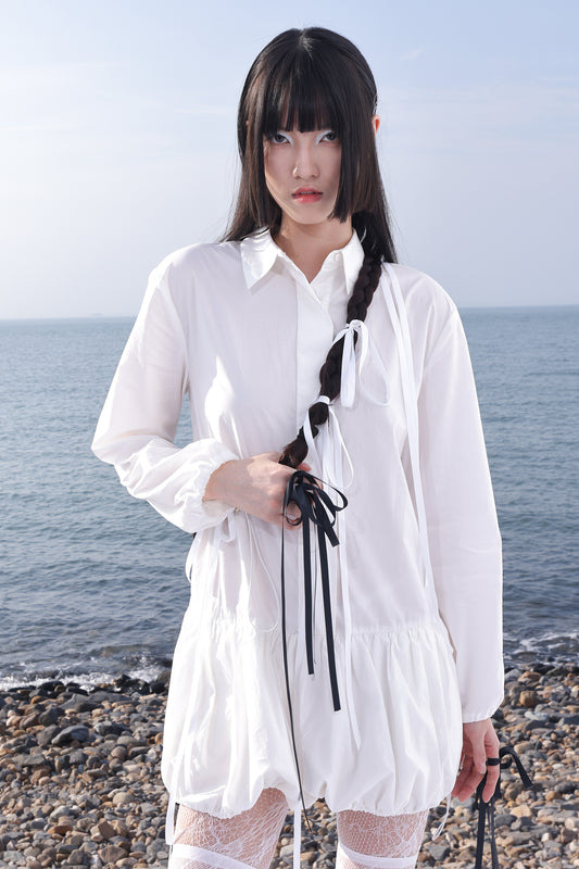 WHITE ORGANIC COTTON BUBBLE HEM SHIRT DRESS